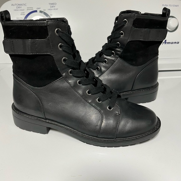 Alex Marie Black Leather Velvet Combat Boots - Picture 2 of 10